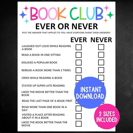 Book Club Game, Printable Ever or Never Game, Book Club Icebreaker, Reading Group Game, Book Club Activity - Etsy