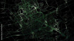Zoom in road map of Kitchener Canada with green glowing roads on a black background.