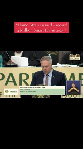 Minister of Home Affairs, Dr Leon Schreiber said the Department of Home Affairs issued a record 4 million smart IDs in 2025. #Parliament #SouthAfrica #FYP #SONA2026 #SONADebate