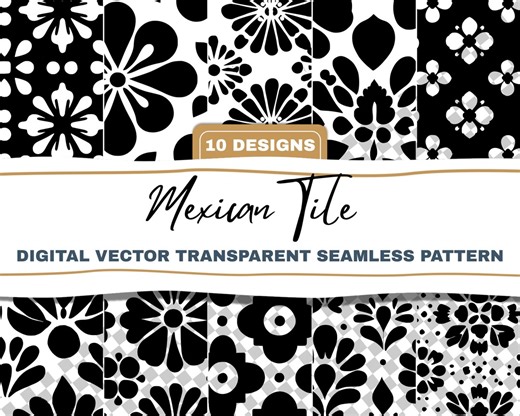 Seamless Mexican Tile Vector Patterns SVG and PNG Bold Black White Floral Folk Digital Download - Etsy