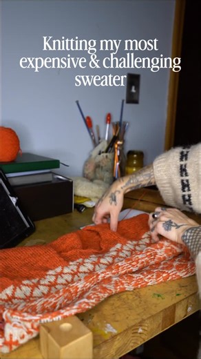 Whits Knits on Instagram: "Another update for my first knit stranded colorwork sweater. It’s also my most expensive sweater and most challenging thus far! Happy to be done with prepping the sleeves for steeking and now I can relax and keep working on the body until I’m content with the length. As you can see in my little yarn area I’m still on the first ball of the cream colors and I have switched to the second ball of the red colors. #colorworkknitting #strikk #steeking"