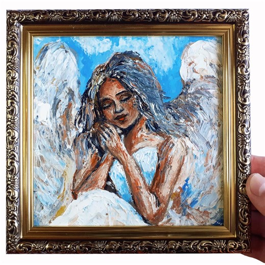 Guardian Angel Oil Painting: Religious Impasto Art, Celestial Artwork 6x6" - Etsy