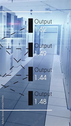 Vertical video: Data center app receiving metrics, monitoring outputs, updating HUD, showing dashes