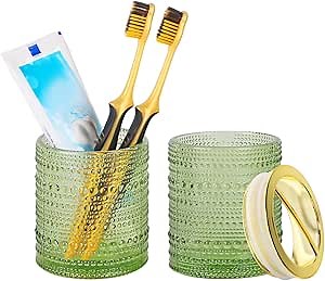 Green Toothbrush Holders, 2pcs Glass Toothbrush Holder Set, 10oz Bathroom Tumbler Cup, Gold Tooth Brush Holder Storage Cup Organizer for Bathroom Accessories, Brushes,Toothpaste,Razor