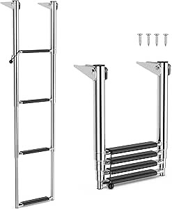 IRONMAX Boat Ladder, 4 Step Stainless Steel Telescoping Pontoon Boat Ladder, 500LBS Load Capacity, Flip Up Dock Ladder for Swimming Pool Deck Lake Yacht