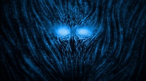 Angry devil with sparkling eyes. Animation in the genre of horror. Blue background color.