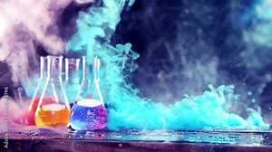 Chemistry laboratory showing experiments with smoke and liquid in beakers on the table