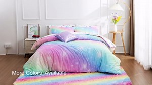 A Nice Night 6Pcs Gradient Glitter Bedding Set for Girls Twin Size, Colorful Rainbow Galaxy Comforter Set, Ultra Soft Bedding Sets, Pink