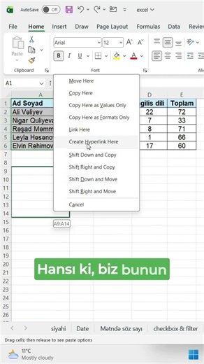 #1deqiqedeoyren Exceldə sağ klik özəlliyi