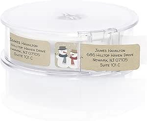 Kraft Snowmen Rolled Address Label/Roll of 500 Rustic Holiday Personalized Address Labels/Designer Return Address Stickers in Elegant Plastic Dispenser