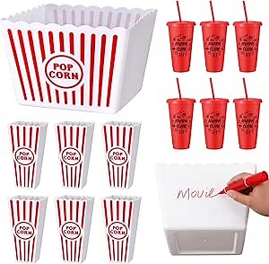 15 Pcs Movie Night Popcorn Organizer Set Family Red & White Striped Plastic Popcorn Container Reusable Drinking Cup for Holiday Parties, Family Gatherings & Home Theater