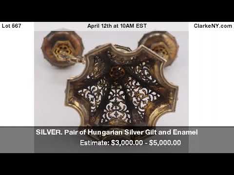 SILVER. Pair of Hungarian Silver Gilt and Enamel
