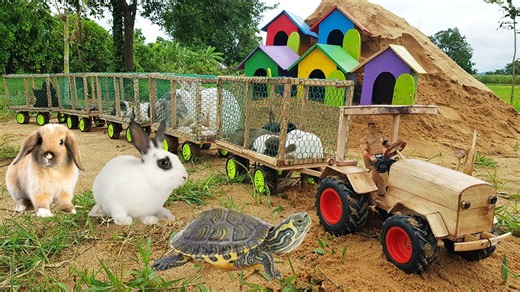 DIY wooden tractor with five trailers to pickup farm animals dogs, rabbits, guinea pig, turtles