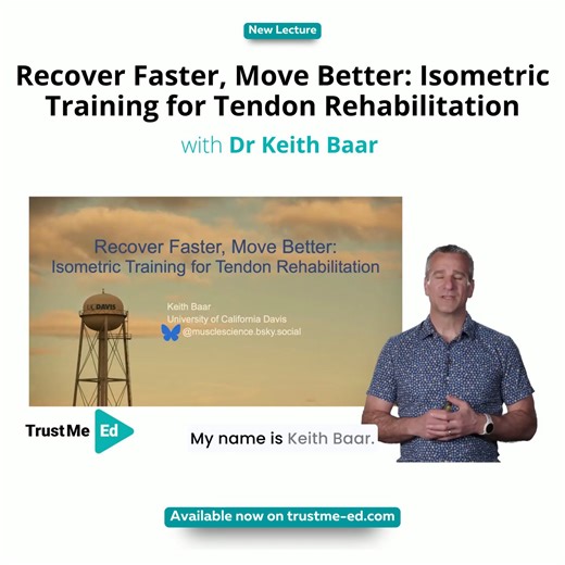 We are honored to welcome Dr. Keith Baar, one of the world’s leading experts in tendon and ligament engineering and rehabilitation, to Trust Me-Ed with the first of two exceptional lectures: Recover Faster, Move Better: Isometric Training for Tendon Rehabilitation 🧬🦶 📚 Learning Objectives: 1️⃣ Describe the mechanics of a tendon/ligament 2️⃣ Define stress shielding and stress relaxation 3️⃣ Define the minimal effective dose of loading for tendon/ligament/bone health. 4️⃣ Describe the effects o