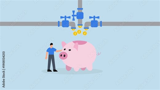 Multiple streams of income, 4k animation of rich businessman stands from pipe with many cash flows to rich piggy bank.