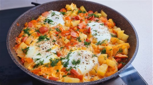 Das einfachste Rezept für das Abendessen, mit ein paar Würstchen, Kartoffeln und Eiern