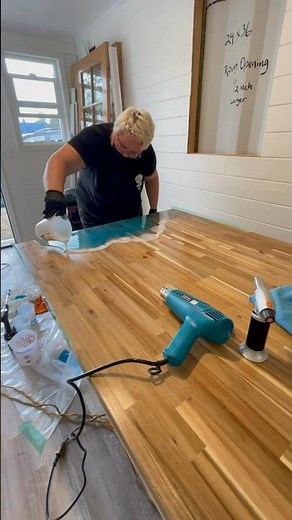 Epoxy pour for the butcherblock countertop 😬 #tinyhome #diy #epoxy