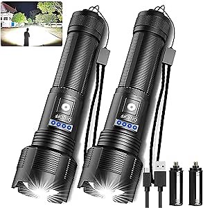 Hoxida Rechargeable LED Tactical FLashlights High Lumens, 10000 Lumens XHP50 Super Bright LED Flashlight, Zoomable, IPX6 Waterproof, 5Modes, Powerful Handheld Flashlight for Camping, 2PCS