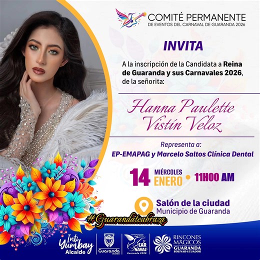 👑 ¡Guaranda se llena de luz, emoción y esperanza! ✨ Nuestra ciudad da un paso más rumbo al Carnaval con la inscripción oficial de la candidata a Reina de Guaranda y sus Carnavales 2026, la Srta. Hanna Paulette Vistín Veloz 💐🎭. Un acto que refleja elegancia, identidad y compromiso, donde Hanna asumirá con orgullo la representación de EP- EMAPAG y Marcelo Saltos Clínica Dental, llevando consigo la alegría, los valores y la esencia festiva que distinguen a Guaranda 💙🌈. 📍 Lugar: Salón de la Ci