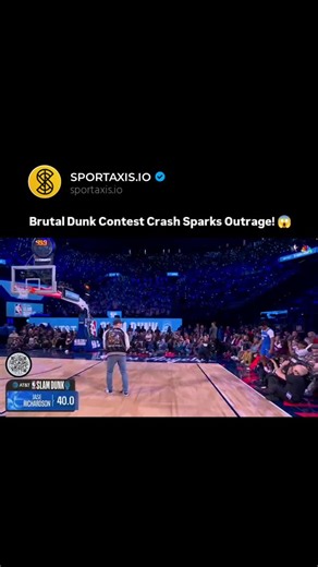 Sport Axis.io on Instagram: "In this chaotic NBA All-Star Dunk Contest clip a contestant attempts an ambitious, high-risk dunk but loses control mid-air, crashing hard onto the floor in a scary fall. The short video captures the botched execution: the takeoff, awkward rotation, and violent impact that leaves him sprawled out, prompting immediate concern for injury—possibly a concussion or worse. The raw footage, paired with the caption "yeah cancel the dunk contest bro what the fuck," reflects w