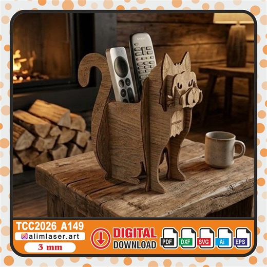 Cat Remote Holder Laser Cut File, Wooden Desk Organizer SVG (Digital Download)