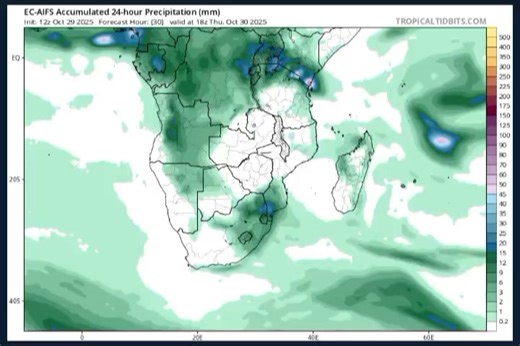 ECMWF AIFS Accumulated 24-hour Precipitation Forecast In (MM) For Southern Africa Model Projection Valid From: 30th Oct -12th Nov 2025 | NGA AgroClimate Tech service
