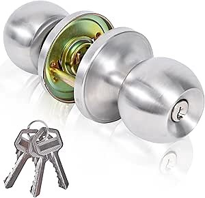 High Security Stainless Steel Door knob - With Lock and Key (silver)