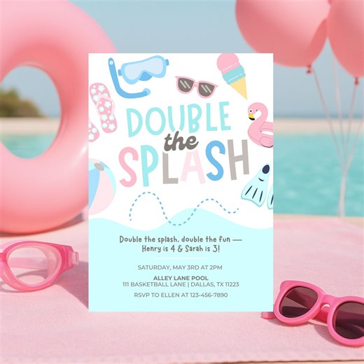 Editable Pool Party Birthday Invitation, Joint Birthday Invite for Boy and Girl, Summer Splash Theme, Any Age, Canva Template 5x7 - Etsy