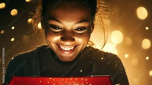 Young woman opening an elegant red gift box, surrounded by sparkling lights and magical sparkles. She has her eyes wide open in amazement as she opens the lid of the present with great anticipation