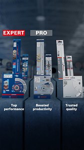 #Accessories that set the standard for top-tier performance. Discover Bosch Accessories’ top 3 performance classes designed to guide you seamlessly through any task that's demanding with precision and power. These accessories are reliable, efficient, and built to excel. 1. Top performance is guaranteed in BOSCH EXPERT, thanks to our advanced technology and designs, making them precise, durable, and faster than the pre-existing high-standard accessories. 2. Each accessory within the PRO line is b