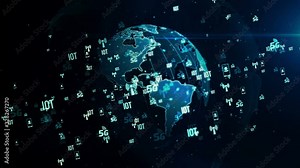 5G mobile communications, iot and digital wireless network symbols on rotating digital globe loopable seamless 3d animation. Abstract concept background of future technology, business globalization.