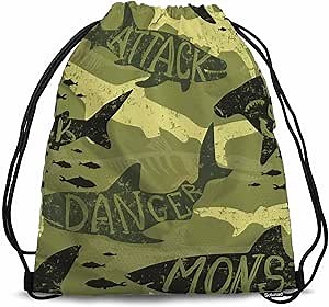 Drawstring Backpack Camouflage Shark Lightweight Gym Backpack Lettering Dancer Attack Monster for Women Men 14x16.9 Inch