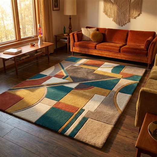 Modern Abstract Wool Rug | Hand Tufted Geometric Carpet | Teal Mustard Area Rug | Living Room - Etsy