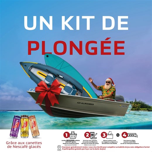 Une plate, un kayak, un paddle, un kit de plongée ou de pêche. Tu rêves de gagner l'un de ces lots ? Joue et tente ta chance avec les cafés glacés de Nescafé ! Pour espérer remporter l'un de ces fantastiques lots, c'est très simple : ✔️ Achète 𝟮 𝗰𝗮𝗻𝗲𝘁𝘁𝗲𝘀 𝗱𝗲 𝗡𝗲𝘀𝗰𝗮𝗳𝗲́ 𝗚𝗹𝗮𝗰𝗲́ ✔️ Inscris tes coordonnées au dos de ton ticket de caisse ✔️ Dépose-le dans l’urne en magasin participant ou chez Nestlé 👉 Il te reste encore jusqu'au 𝟯𝟭 𝗱𝗲́𝗰𝗲𝗺𝗯𝗿𝗲 pour y participer. 𝑅𝑒̀𝑔𝑙