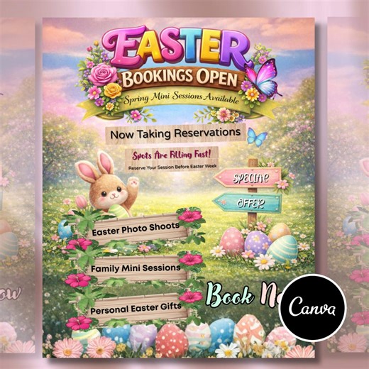 Easter Bookings Open Flyer - Spring Mini Sessions Available - Editable Canva Template - Easter Photo Shoots - Family Mini - Instant Download - Etsy