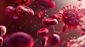 Virus among blood cells under the microscope. Close-up of particles. Medical research and health education