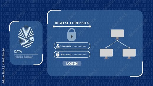 Digital forensics interface with biometric fingerprint analysis, secure login access and network data investigation system.