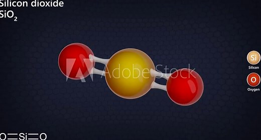 Animated 3D model of a Silicon dioxide molecule SiO2. Silicon dioxide is used in the production of glass, ceramics, abrasives, concrete products, to produce silicon. 3d rendering. Seamless loop