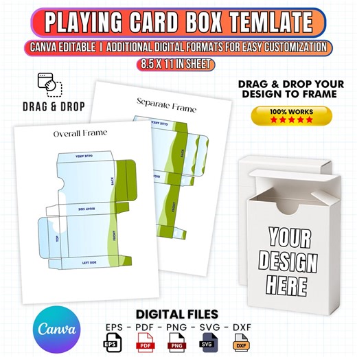 Playing Card Box Editable Canva Template, Drag and Drop Blank Playing Card Box Template, Blank Poker Card Box Sublimation Instant Download - Etsy