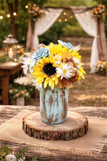 Sunflower Centerpiece - Rustic Wedding Centerpieces for Tables Sunflower and Baby Blue Wedding- Painted Mason Jars- Sunflower Baby Shower - Etsy
