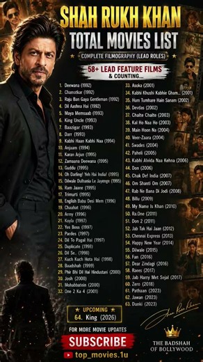 Shah Rukh Khan All Movies List (1992–2026) 🎬 | Every SRK Movie in One Video 🔥 | King (2026) Update