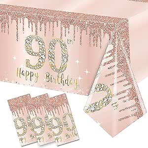 3 Pcs 90th Birthday Tablecloth Decorations for Women, Pink Rose Gold Happy 90 Bday Theme Table Cover Party Supplies, Ninety Year Old Birthday Plastic Disposable Rectangular Table Cloth Decor