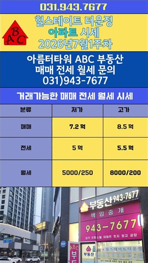 힐스테이트더운정 아파트 7월1주차 거래가능한 시세