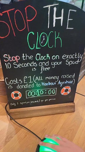 🏆£1 Stop the Clock Challenge🏆 Stop the clock on exactly 10 seconds and your spud is free. 😎 All money raised will be donated to Harbour Ayrshire. 🧡 (T&Cs apply) | Spudbuds