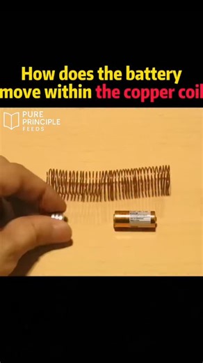 Pure Principle Feeds on Instagram: "It looks like magic… but it’s pure electromagnetism in action ⚡🔋🌀 When you place a battery inside a copper coil, something wild happens — the battery starts moving on its own like a tiny electric train. Here’s the crazy part👇 Copper isn’t magnetic. The battery isn’t a motor. Nothing is “programmed” to move… Yet the movement is REAL. So what’s happening? The moment the battery touches the copper coil, it creates an electric current. That current generates a 