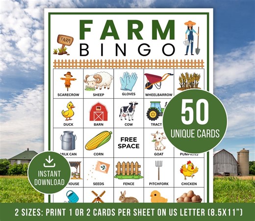 Farm Bingo Game, 50 Farm Bingo Cards, Printable Farm Party Game, Farm Activity for Kids, Farm Birthday Bingo. Farm Games, Instant Download - Etsy