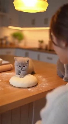 Cute British Shorthair kitten making dough with mom cat and a smiling woman