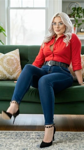 High-Waist Dark Jeans with Red Button-Down and Studded Heels ❤️👖👠