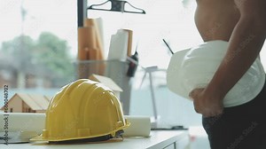 Architecture Engineer Teamwork Meeting, Drawing and working for architectural project and engineering tools on workplace, concept of worksite on technical drawing structure and construction.