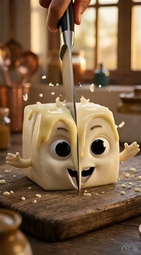 paneer being sliced in to pieces and melting down